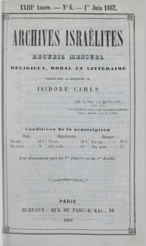Archives israélites de France. Vol.23 N°06 (juin 1862)